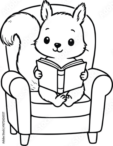 Squirrel Sitting on Chair Reading a Book Illustration