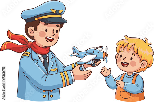 A friendly cartoon pilot in uniform gives a toy airplane to a happy young boy, inspiring childhood dreams of flying and aviation
