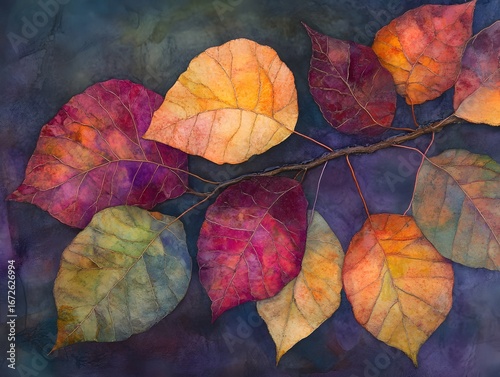 Vibrant Autumn Leaves Watercolor Painting Branch