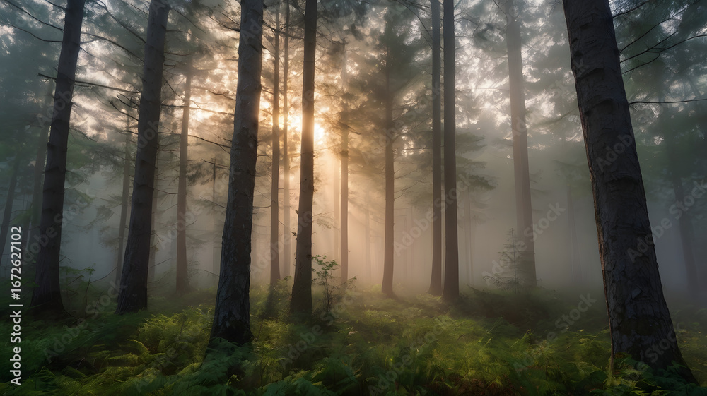 Obraz premium Mystical sunbeams filtering through a foggy pine forest at sunrise, illuminating the tranquil atmosphere with a magical sense of wonder