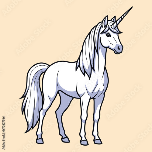 A majestic white unicorn with a long flowing mane and a single horn stands proudly in a classic cartoon illustration style.