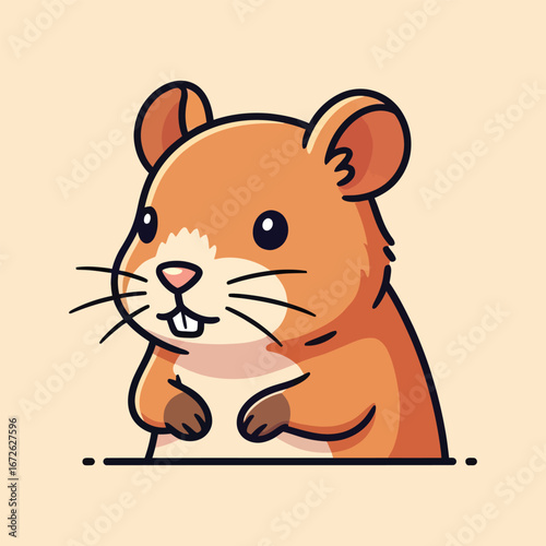 Cute cartoon illustration of a small, brown hamster with big ears and prominent front teeth, looking directly forward.
