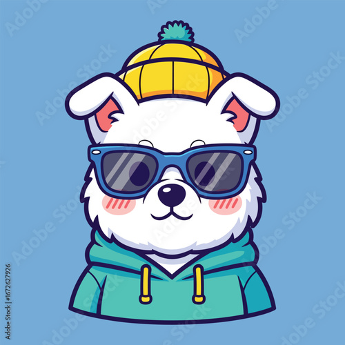 A cute white dog wearing sunglasses and a yellow beanie, looking stylish and cool.