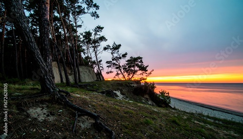 Fototapeta Naklejka Na Ścianę i Meble -  Beautiful Sunset Over the Baltic Sea with Pine Trees on a Dune.