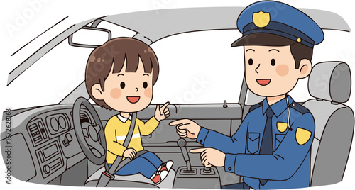 Child Learning to Drive with Police Officer Safety Lesson Illustration
