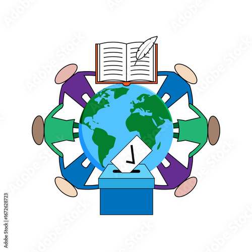 Personas rodeando el planeta tierra sosteniendo libro de leyes y urna de votos de democracia