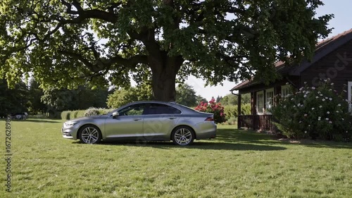 Automobile stationary on grassy area within the enclosed ground of seasonal vacation property