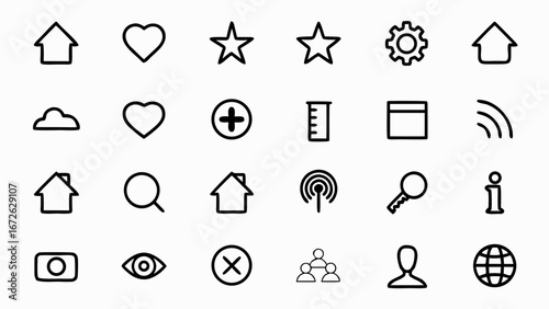 Collection of twenty four distinct black outline icons arranged on a white background surface