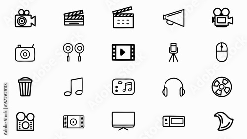 Collection of media related icons including camera clapperboard music note and various other symbols shown