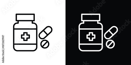 Pill bottle icon logo concept in strokes