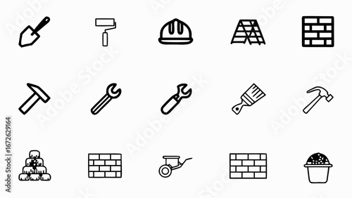 Illustration of various construction tools including a shovel hammer and wrench in a simple black outline