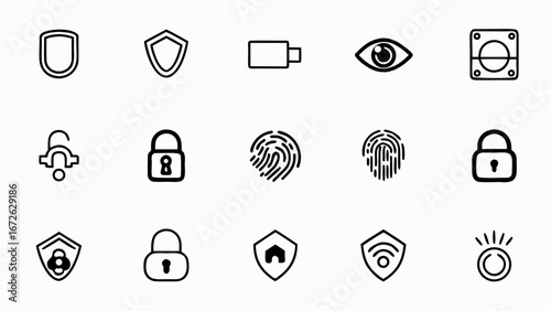 Collection of security related icons including shields locks fingerprint eye camera and other safety symbols