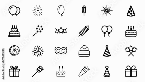 Collection of party celebration icons including balloons cakes and party favors in black and white style