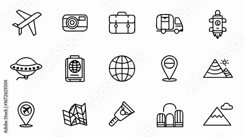 Collection of travel icons including airplane camera suitcase truck rocket ufo passport globe and more