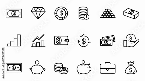 Collection of finance and investment icons featuring money, charts, and savings related symbols design