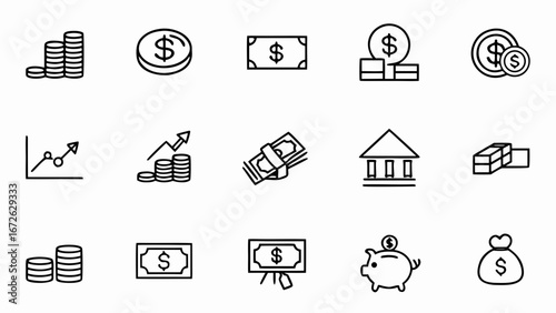 Collection of financial icons featuring coins, currency, charts, and a piggy bank in a simple style