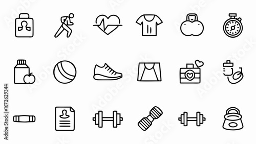 Collection of fitness and health icons including weights, running figure, heart and healthy food items