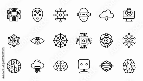 Illustration displaying various artificial intelligence and technology related icons in black and white