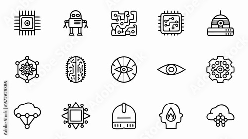 Illustration of various artificial intelligence icons including robots, brains, and computer chips shown