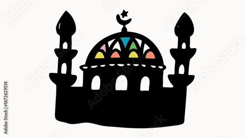 Illustration of a black mosque silhouette with colorful details and two minarets on a white background