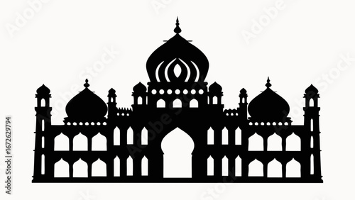 Silhouette of a grand building with domes arches and intricate details against a white background view