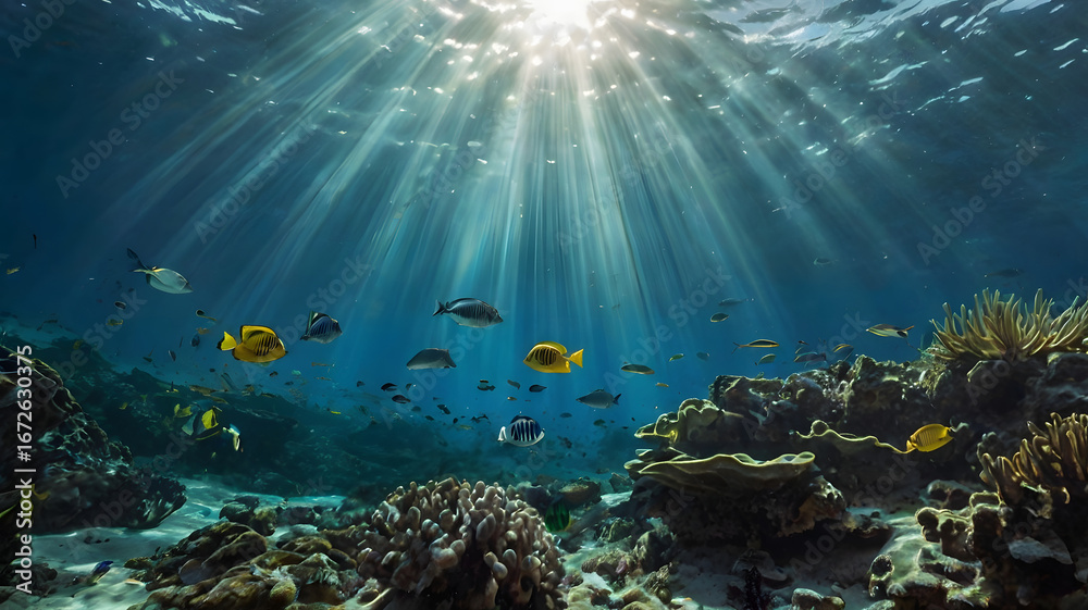 Fototapeta premium Spectacular view of a sunlit coral reef with a school of diverse tropical fish swimming in the clear blue ocean