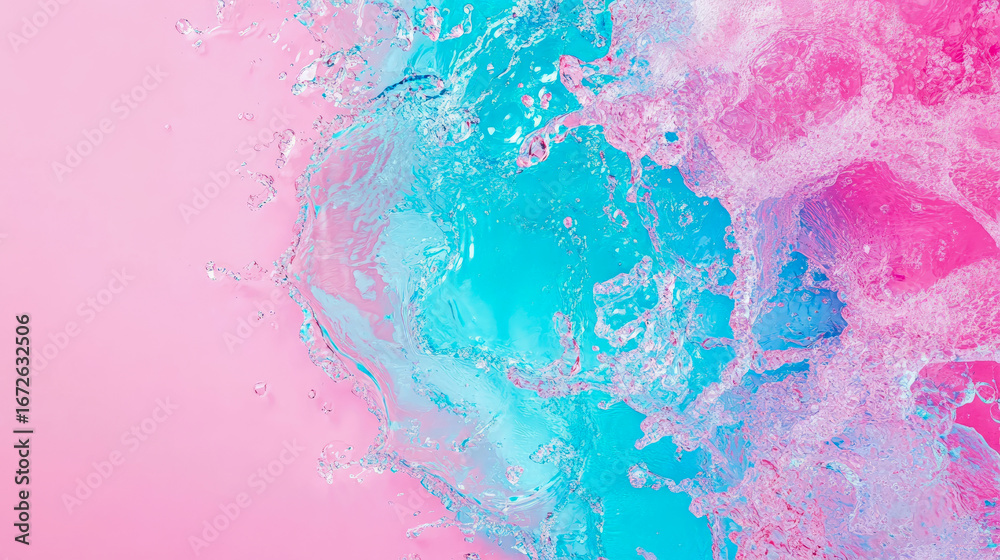 Fototapeta premium Vibrant Abstract Water Splash Dynamic Background with Energetic Pink and Blue Hues, Liquid Movement, and Sparkling Droplets