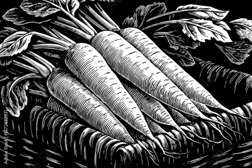 Basket filled with fresh carrots decorated with leafy greens, rustic organic composition, healthy natural still life black and white sketch