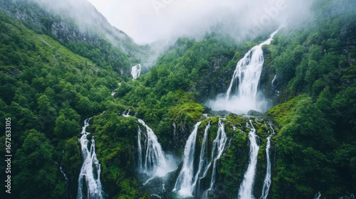 Breathtaking View of Multiple Powerful Waterfalls Descending Through Vibrant Green Forest-Covered Mountains Shrouded in Ethereal Mist and Fog