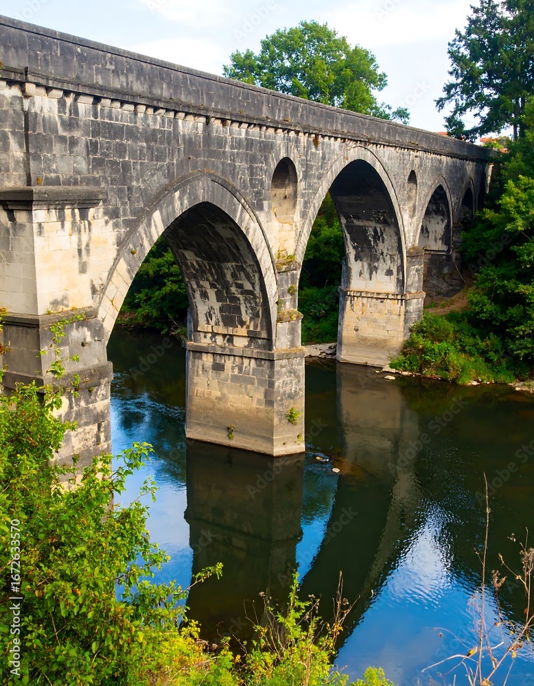 Fototapeta premium A massive stone arch bridge spans a tranquil river, its weathered stone reflecting in the calm water beneath.