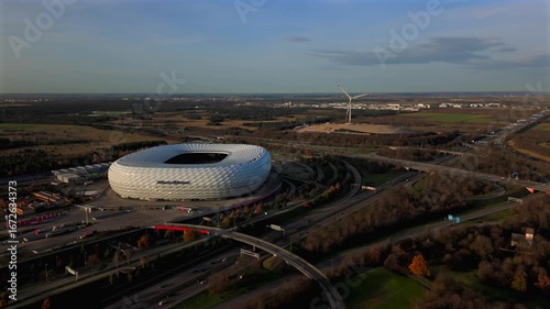 Allianz Arena Munchen Stadion in Frottmaning, Muenchen, Bayern Deutschland, Luftaufnahme im Herbst bei sonnigem Wetter. FC Bayern Munchen stadium aerial view in Munich, Germany. Munich Football Arena
