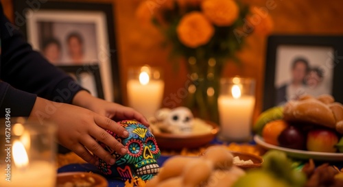 Child's hands place decorated sugar skull on traditional ofrenda. The altar with photos of ancestors, marigolds, food offerings, embodies loving remembrance and cultural heritage of Dia de los Muertos