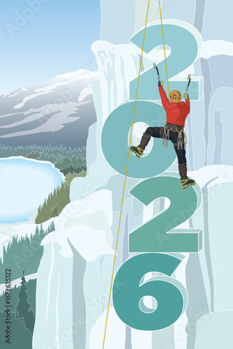 2026 new year concept of a mountain climber climbing up to the top of the ice wall with the numbers 2026