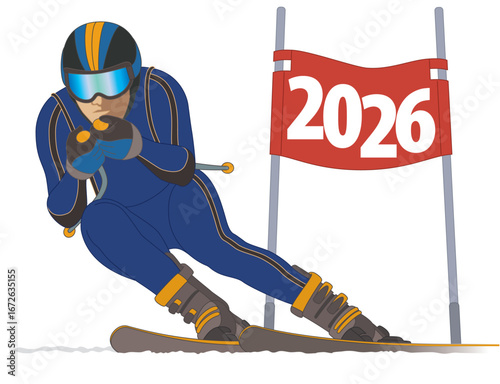 2026 happy new year concept of skier racing downhill passing red flag with the new year 2026 isolated on a white background