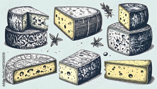 Detailed cheese slices, various types