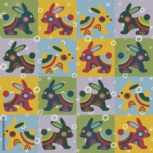 A warm, wintry, and sweet pattern featuring a northern hare in a patchwork square. A Scandinavian, festive, and New Year's design for wrapping paper, seasonal banners, prints, fabrics, and wrapping.