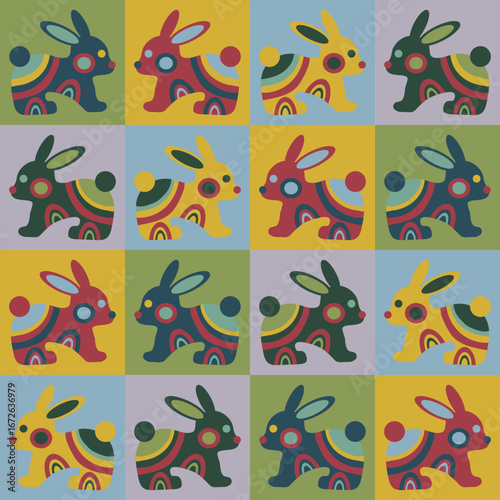 A warm, wintry, and sweet pattern featuring a northern hare in a patchwork square. A Scandinavian, festive, and New Year's design for wrapping paper, seasonal banners, prints, fabrics, and wrapping.