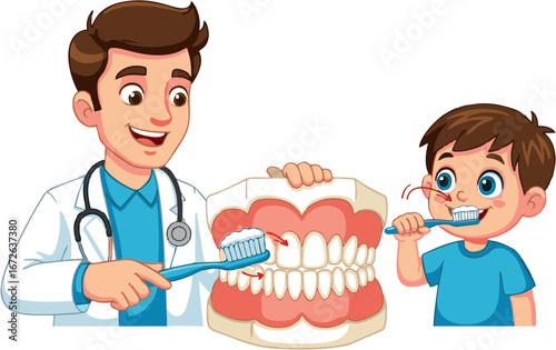 Dentist Showing a Child How to Brush Teeth Properly