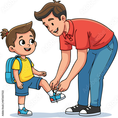 A loving dad ties the shoelaces on his son's sneaker as the boy gets ready for school with his backpack