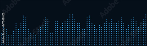 Blue digital skyline on black vector tech background with dots and lines.