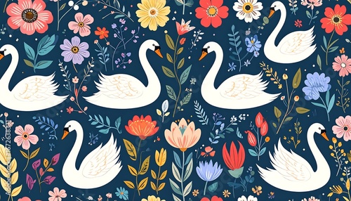 Fototapeta Naklejka Na Ścianę i Meble -  Elegant swan and floral pattern showcasing nature's serene beauty and whimsical charm