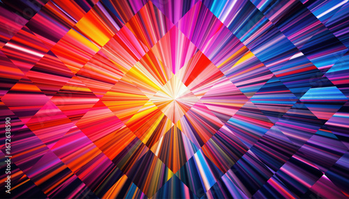 Geometric glowing prism radiating spectrum lines. Colorful dynamic light refracts through structured glass. Colored clean sharp beams extend from the middle in symmetric pattern for creative projects