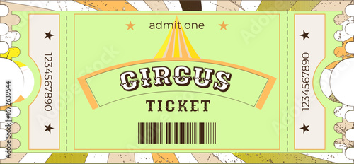 Bright Ticket to the circus vector, template, sample, circus tent dome, barcode, stars