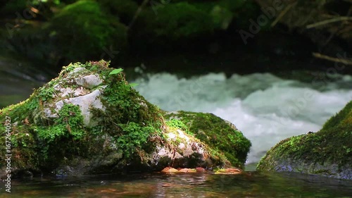 A 20-second still video of the Aude River in the Axat Valley. Water flows among rocks with small waterfalls in the forests of southern France.