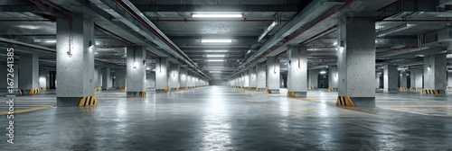 Modern underground parking structure showcasing expansive layout and industrial design during daytime
