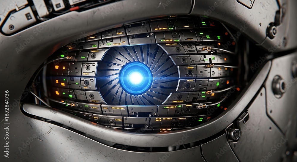 Fototapeta premium Futuristic Robot Eye, High-Tech Detail, Glowing Blue Iris.