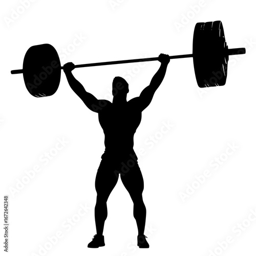 Silhouette of a weightlifter lifting barbell overhead in a strong stance