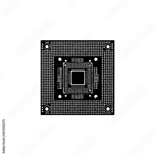 Detailed black and white illustration of a microchip component design