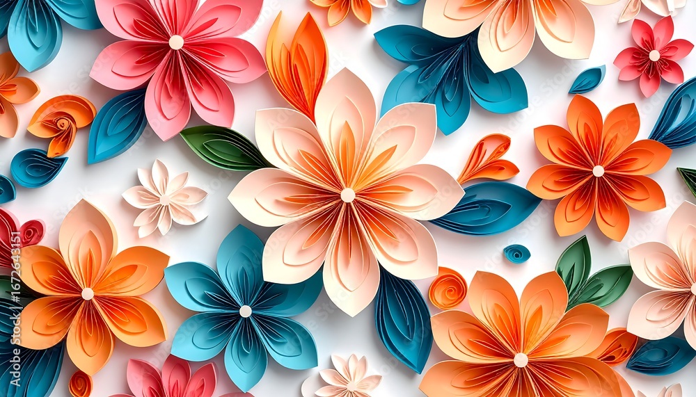 A vibrant arrangement of intricately crafted paper flowers, showcasing a spectrum of warm and cool tones against a crisp white background. A vibrant arrangement of intricately crafted paper flowers, showcasing a spectrum of warm and cool tones against a crisp white background.