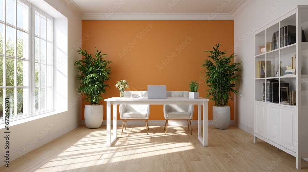 Fototapeta premium Cozy Home Office with Orange Wall and Green Plants, Creating a Comfortable Workspace